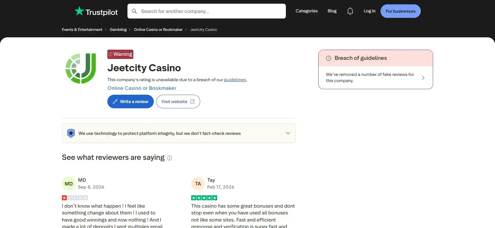 Current JeetCity Trustpilot profile showing review context and platform integrity notice