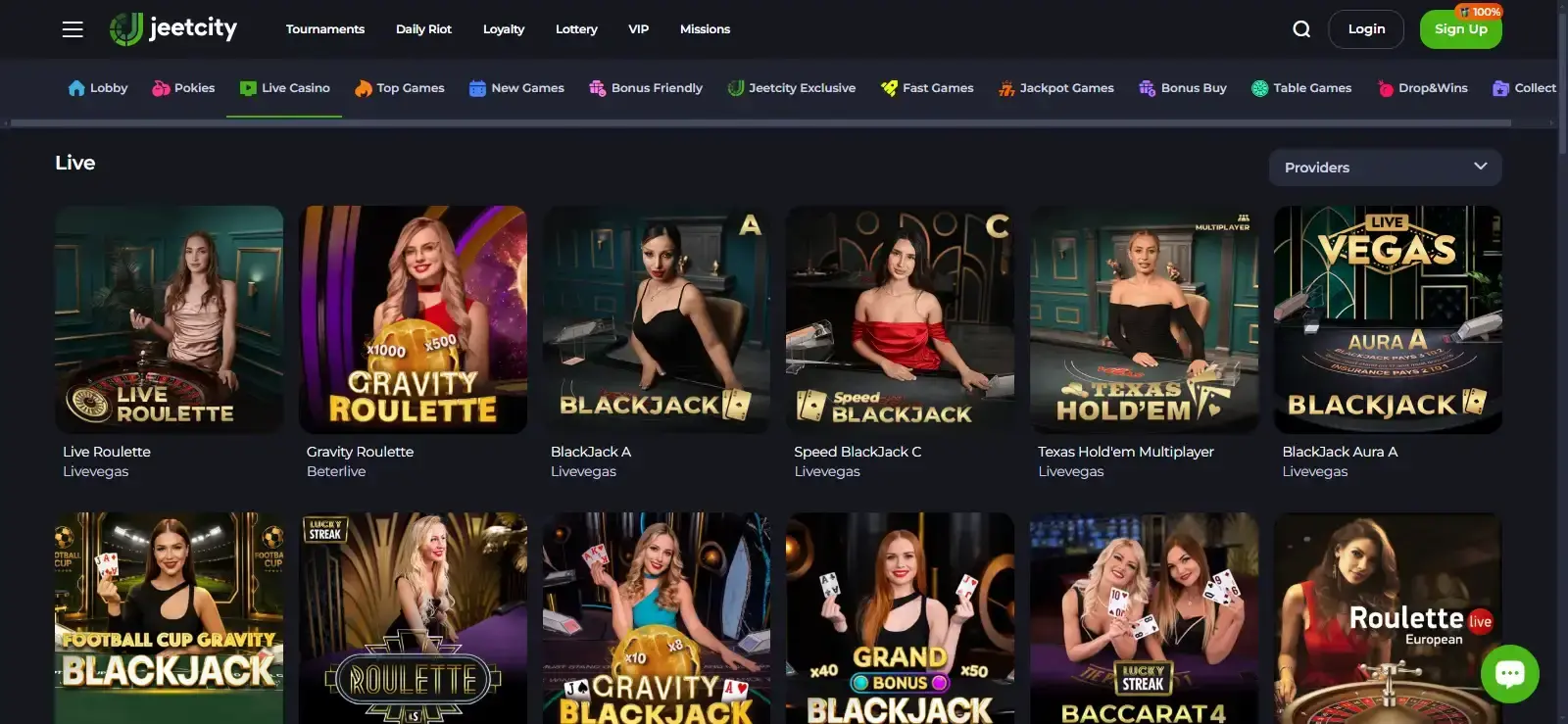 JeetCity Australian live casino lobby with live and table game navigation