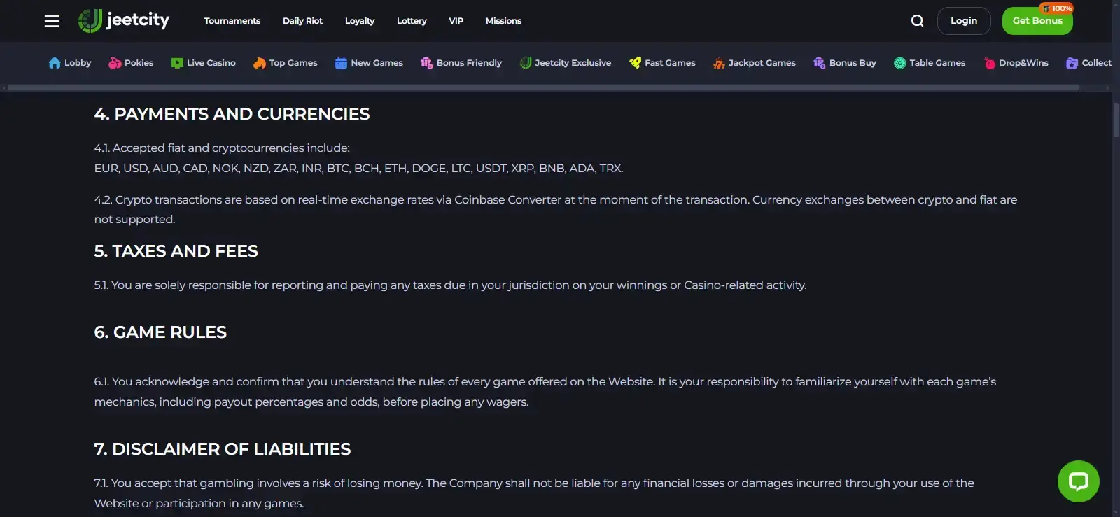 JeetCity Australian terms showing supported currencies and payment rules