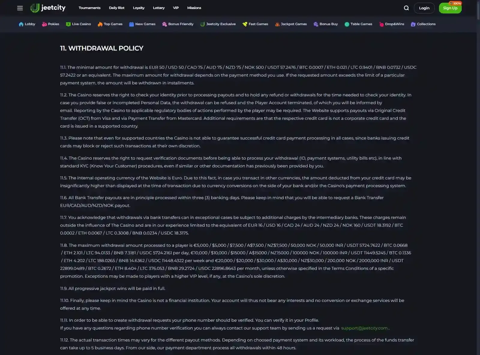 JeetCity Australian withdrawal terms showing payout limits and processing clauses