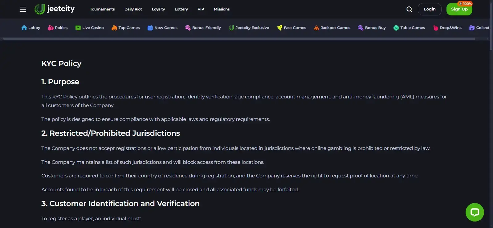 JeetCity KYC policy screen showing current identity verification requirements